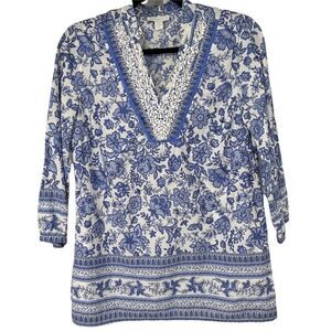 Charter Club White‎ Blue Floral Beaded V Neck Top